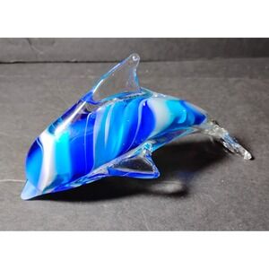 Stunning Dolphin Art Glass Figurine Striped Blue White Jumping Paperweight